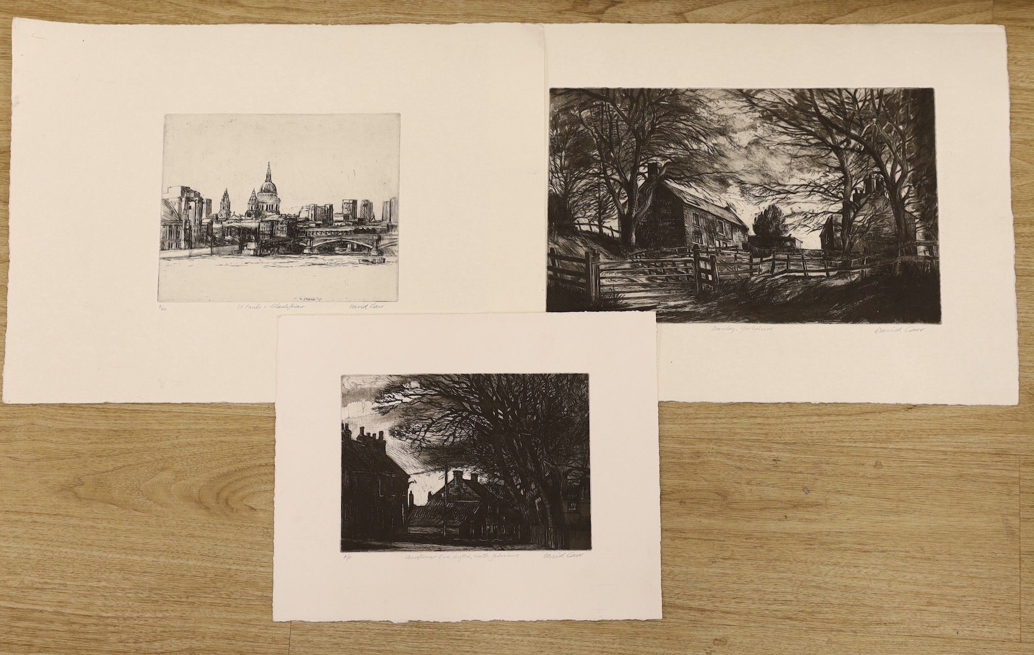 David Carr (1944-2009), three etchings, 'Danby, Yorkshire', 'St Paul's and Blackfriars' and 'Christmas Eve, Lythe', signd and inscribed in pencil, largest 25 x 40cm, unframed
